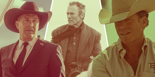 An edited image of Kevin Costner and Taylor Sheridan in Yellowstone alo<em></em>ngside Clint Eastwood in Unforgiven